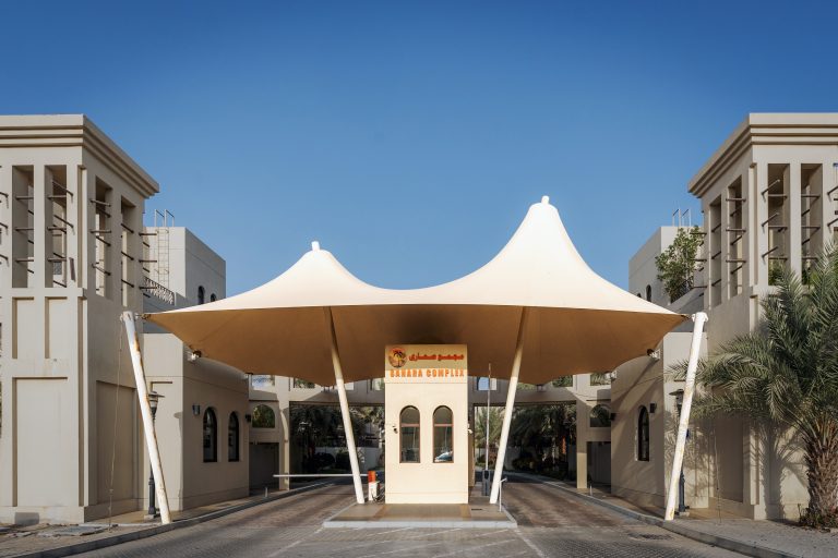 Exterior view of the Sahara Complex villas in Abu Dhabi in morning light.