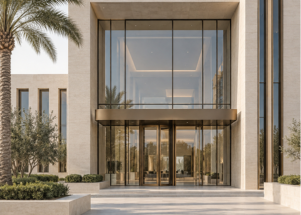 Contemporary property entrance framed by palm trees